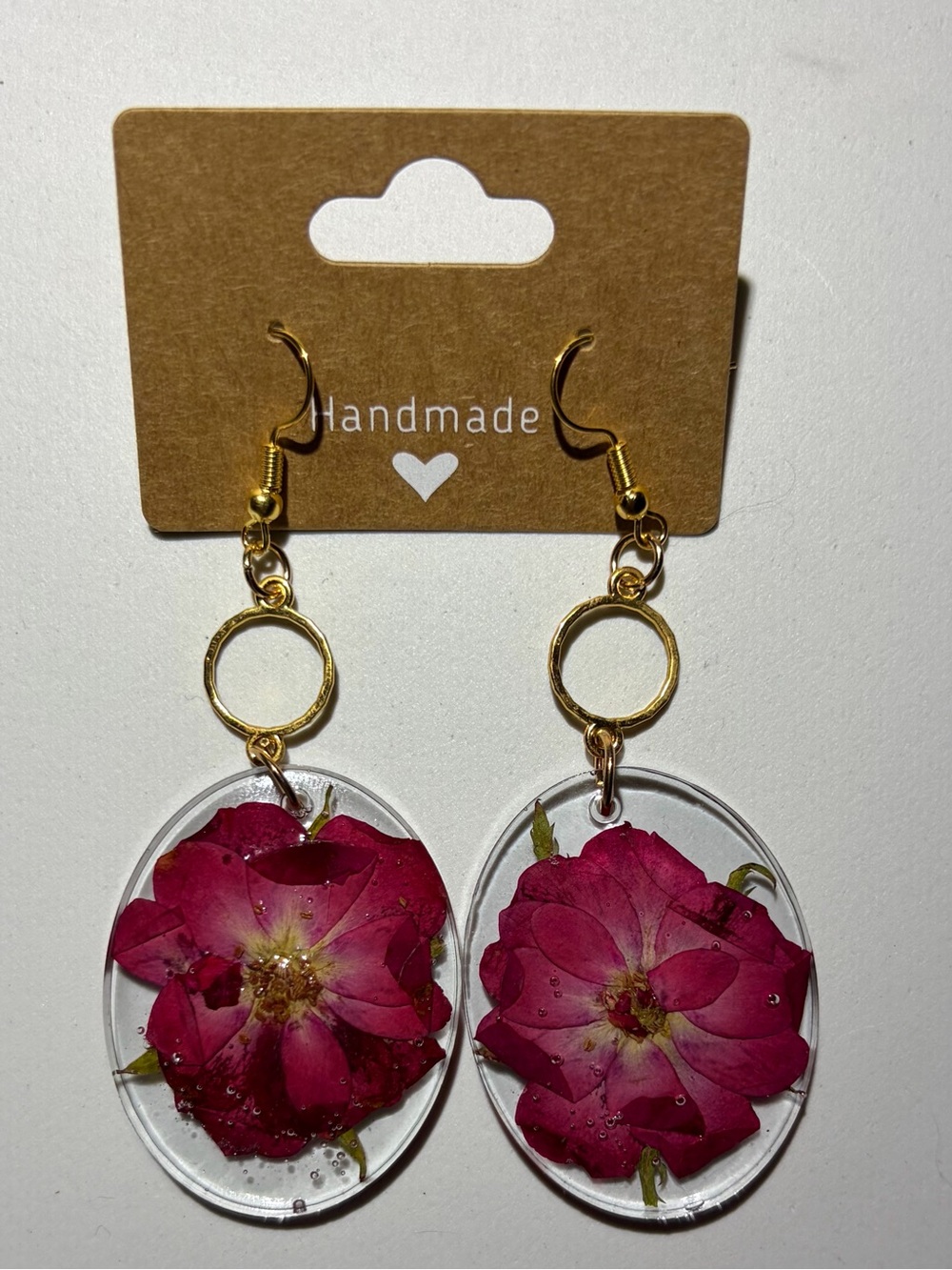 Gold Drop Earrings with Pink Pressed Flowers